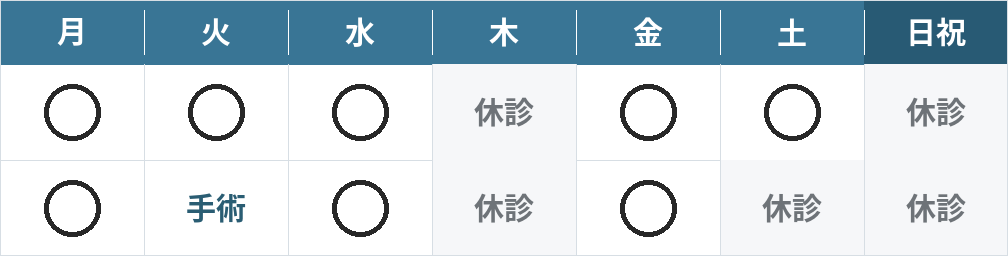 診療時間表：月〜土 午前9:30〜12:30 午後15:00〜18:00 火曜午後は手術 木曜・土曜午後・日曜祝日は休診
